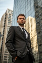 Portrait of a handsome businessman in a suit on the background of skyscrapers