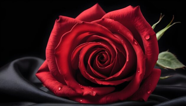 Red rose laying on black silk drap
