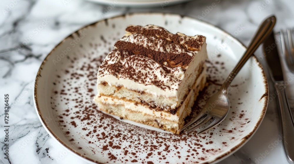 Poster a piece of cake sitting on top of a white plate with a fork next to it on top of a marble slab of co
