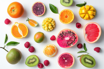 Top view of variety fruits on white background, Flat lay minimal fashion summer holiday concept.