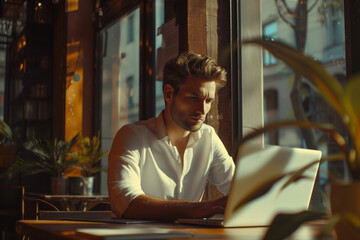 Café Contemplation: Handsome Young Man Deep in Thought with Laptop, Reflecting Intellect and Style amidst Café Ambiance