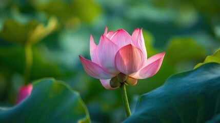  a pink lotus flower is blooming in the middle of a large green leafy area of a tropical area with water lilies and green leaves in the foreground.