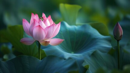  a pink lotus flower sitting on top of a lush green leaf covered field next to a large leafy green leafy plant with a bug on it's end.