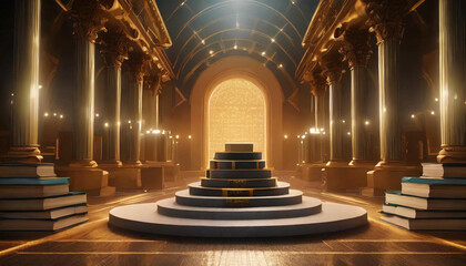 Obraz premium 3d rendering of an empty stage surrounded by books