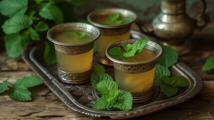 Traditional Russian Kvas drink with mint leaves on a tray.