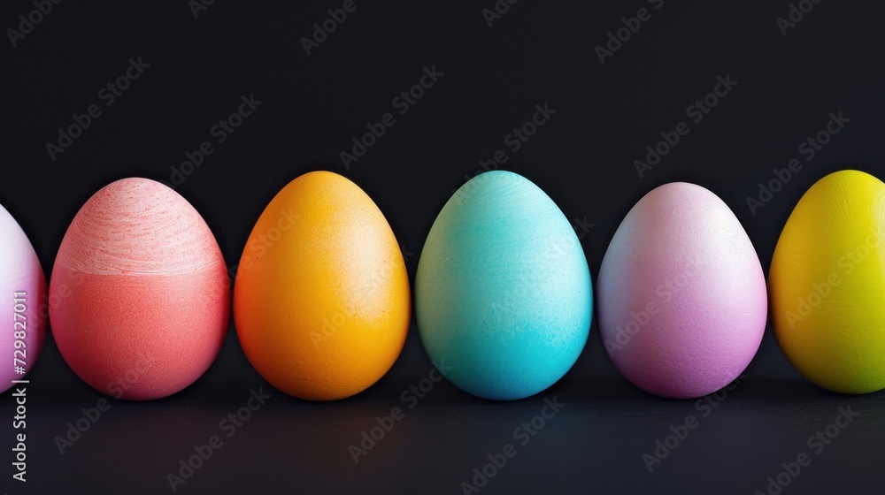Poster a row of different colored eggs sitting next to each other in front of a black background with one e