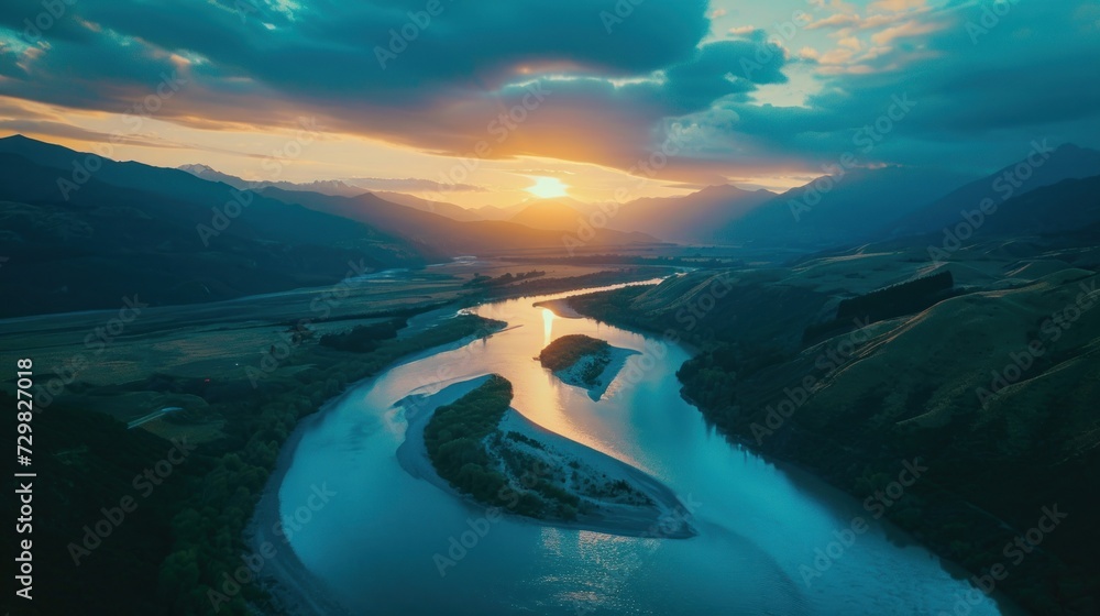 Poster an aerial view of a river in the middle of a valley with mountains in the background and a sun setti