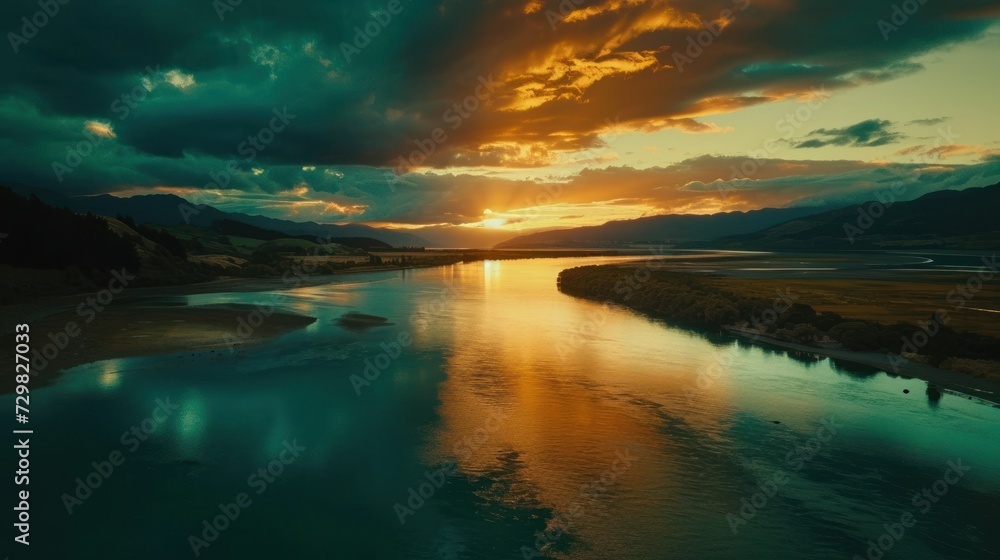 Poster the sun is setting over a body of water with a mountain range in the background and a river running 