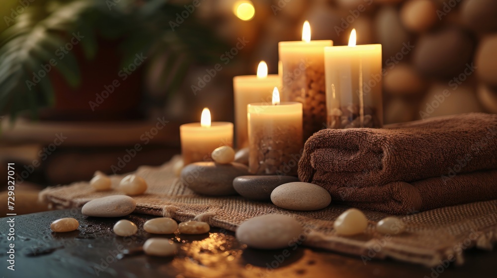 Poster a table topped with candles and rocks next to a pile of towels and a towel on top of a table next to