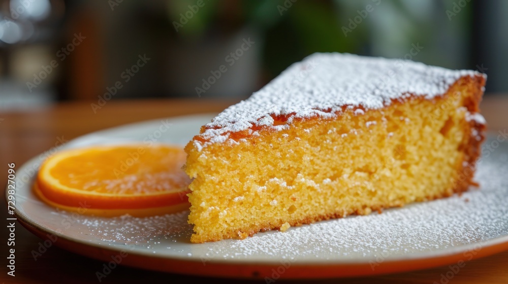 Poster a slice of cake with powdered sugar on top on a plate with an orange slice on the side of the plate 