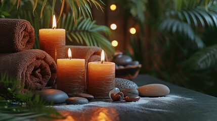  a group of candles sitting on top of a table next to a pile of rocks and a pile of candles on top of a table next to a pile of towels.