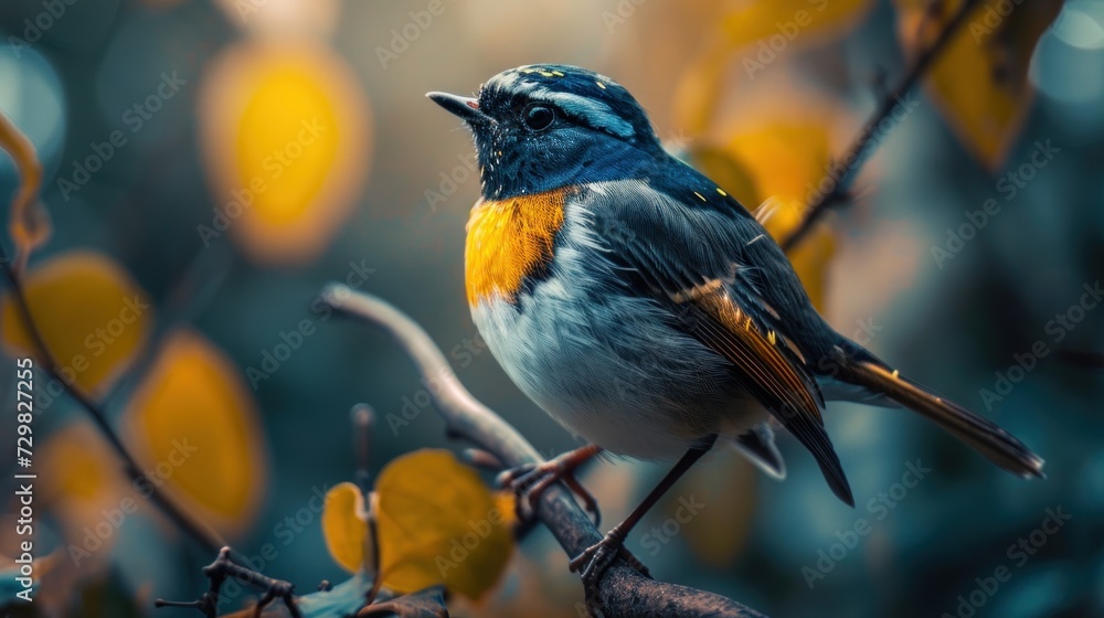 Poster a bird sitting on top of a tree branch in front of a yellow and blue leaf filled tree with lots of y