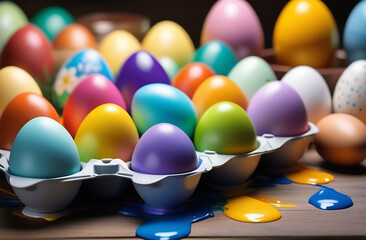 Naklejka premium close-up of selection of colorful easter eggs and paint palettes with brushes on table
