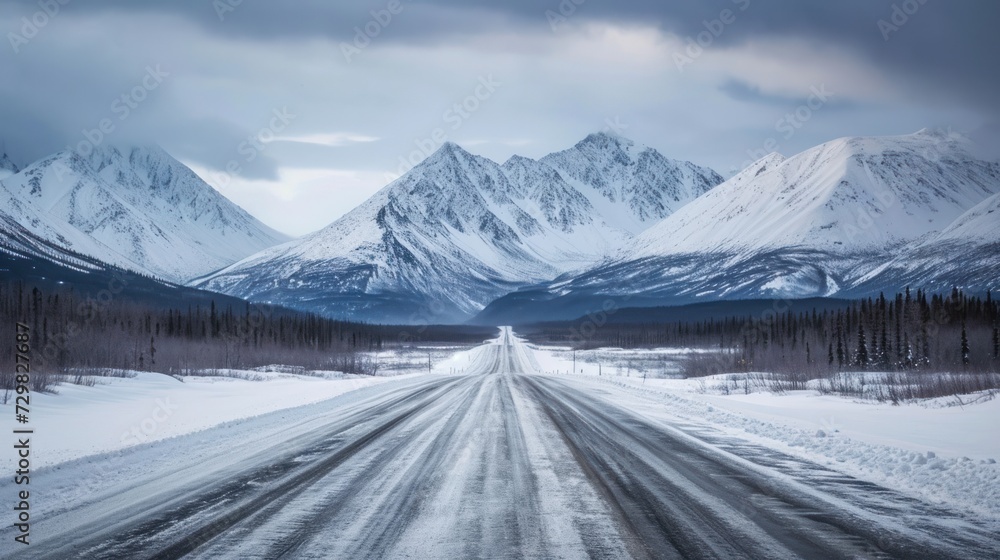 Poster a snow covered road in the middle of a mountain range with snow on the ground and trees on both side