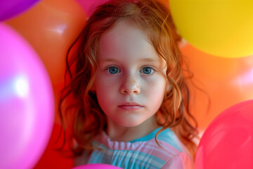 Obraz na płótnie Canvas Radiant Red-Haired Girl Amidst Towering Balloons: Enchanting Child Immersed in a Sea of Color and Wonder