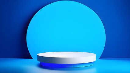 Platform, podium display for presentation of products, cosmetics on a blue background.
