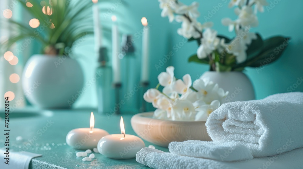Poster a close up of towels on a table with flowers in a vase and candles in a vase on the side of the tabl