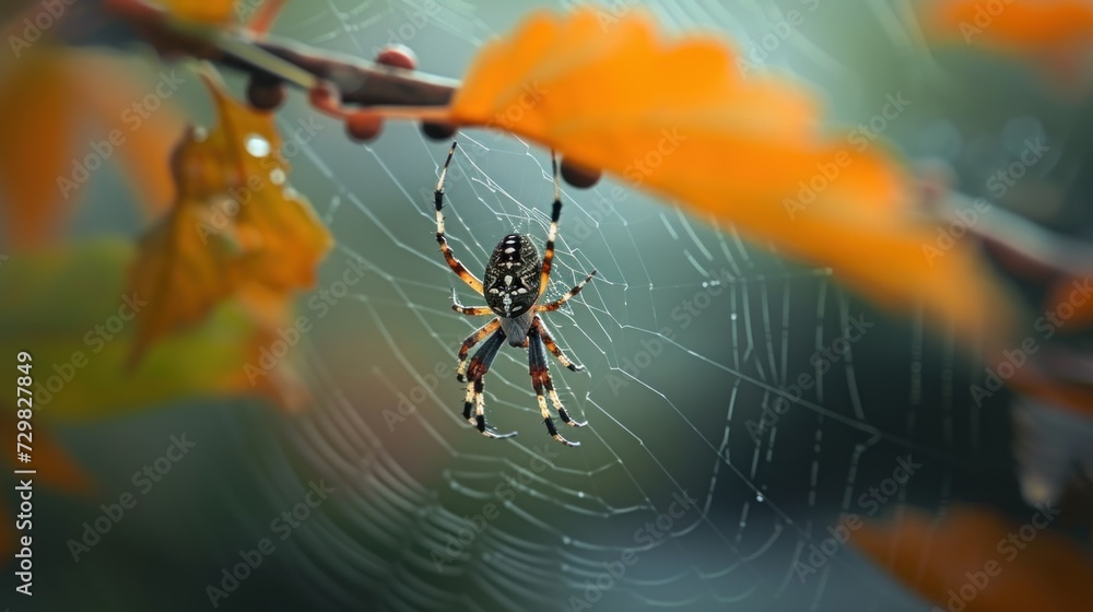 Aufkleber a close up of a spider on a web on a tree branch with water droplets on it's back and a blurry backg
