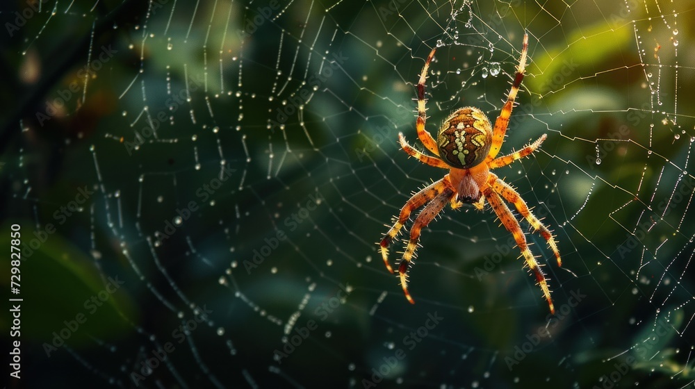 Aufkleber a close up of a spider on it's web in the middle of its web - spider web, with drops of dew on the w
