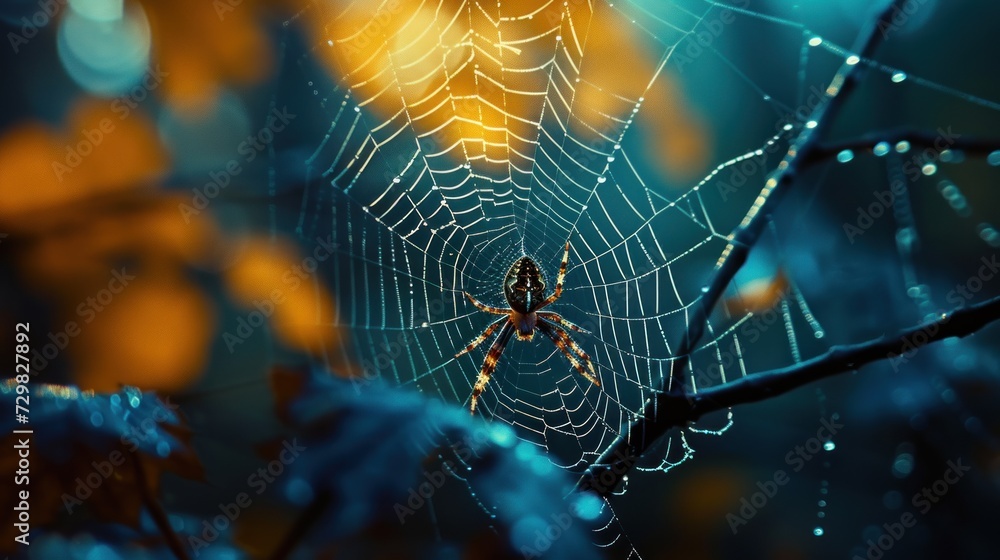 Aufkleber a spider sits on its web in the middle of a leafy area of a tree in front of a blurry background of 