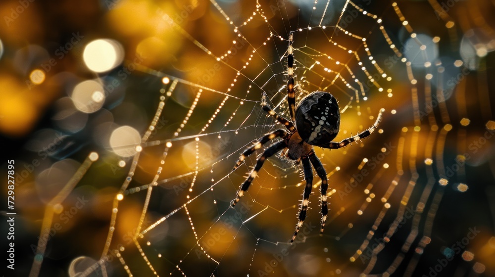 Aufkleber a close up of a spider's web with drops of dew on it's back and a blurry background of trees and yel