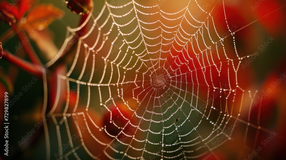 Sticker a close up of a spider web with drops of dew on the spider's web, with a blurry background of autumn