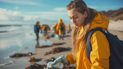 A concentrated young woman in a yellow jacket is picking up waste on a beach with other volunteers in the background.
