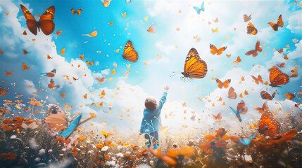child girl playing with butterflies in the meadow