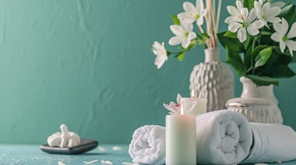  a vase filled with white flowers sitting next to a pile of white towels and a couple of candles on top of a blue table next to a vase with white flowers.