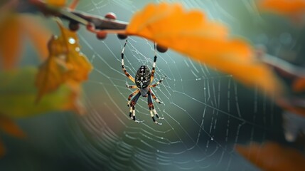  a close up of a spider on a web on a tree branch with water droplets on it's back and a blurry background of leaves and yellow flowers.