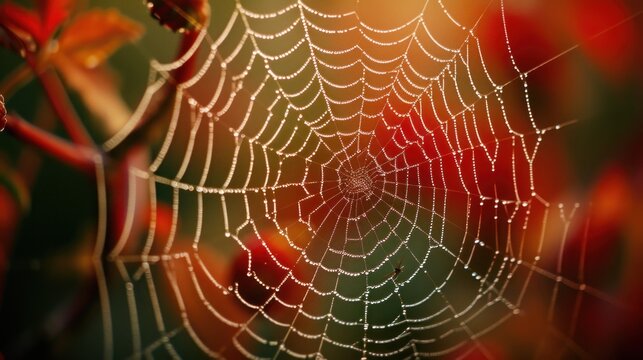  a close up of a spider web with drops of dew on the spider's web, with a blurry background of autumn leaves and a red rose bush in the foreground.
