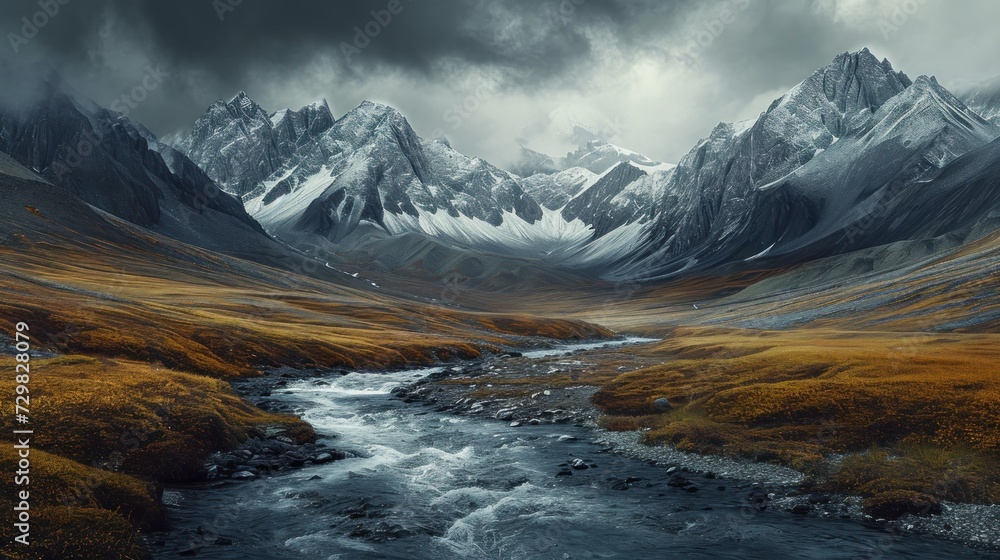 Poster a stream running through a lush green valley under a cloudy sky with mountains in the background and