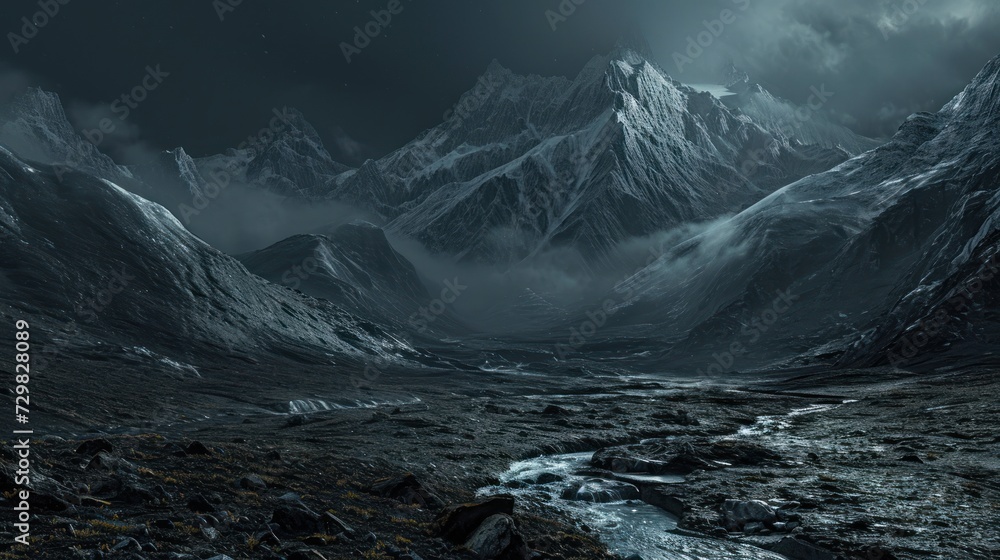Poster a night scene of a mountain range with a stream in the foreground and a full moon in the middle of t
