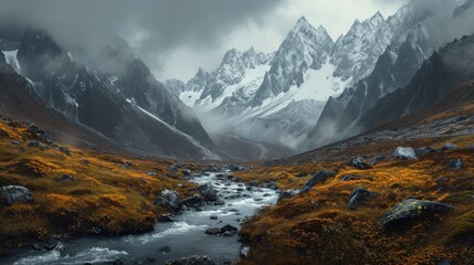 Obraz premium a stream running through a lush green valley surrounded by tall snow covered mountains in the distance, with grass and rocks in the foreground, under a cloudy sky.