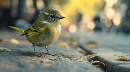 Obraz na płótnie Canvas a small yellow and green bird standing on a sidewalk next to a sidewalk with leaves on the ground and people walking on the sidewalk in the street in the background.