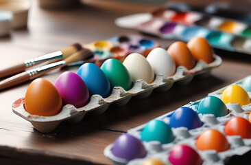 close-up of selection of colorful easter eggs and paint palettes with brushes on table
