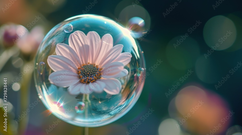 Poster a close up of a bubble with a flower inside of it and bubbles in the bottom of the bubble, with a bl