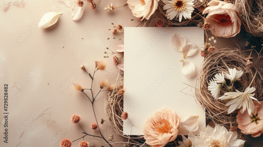 Poster a white sheet of paper surrounded by flowers and a nest with a bird's nest in the middle of the shee
