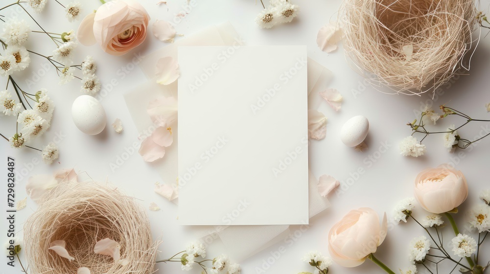 Poster a white card sitting on top of a table next to a bunch of flowers and a nest of eggs with a blank ca