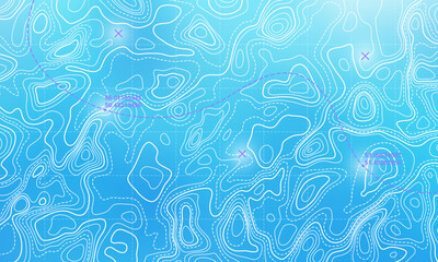 Ocean bottom topographic line map curvy wave isolines vector illustration. Sea depth topographic landscape surface for nautical radar readings. Cartography texture abstract banner relief ocean floor.