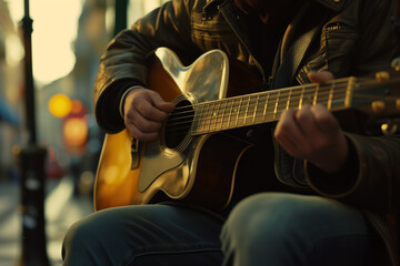 Urban Serenade: Talented Man Strumming Guitar on Bustling Pedestrian Street, Infusing Cityscape with Melodic Charm