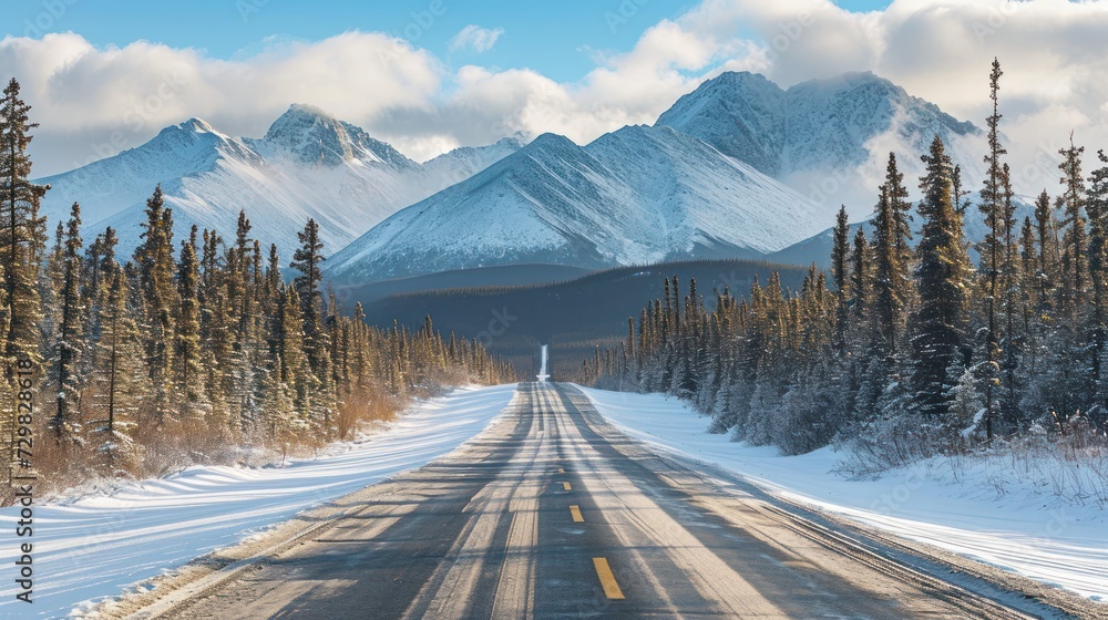 Poster a road in the middle of a forest with snow on the ground and a mountain in the distance with snow on