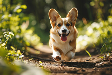 Happy corgi dog running on the trail in the park at summer - obrazy, fototapety, plakaty