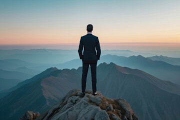 Businessman standing in the mountains on sunrise