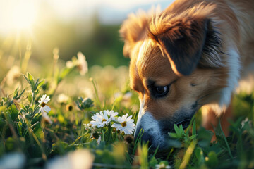 Dog in the meadow sniffing camomile flowers, springtime