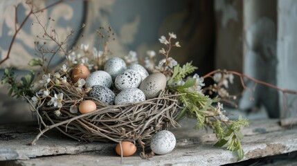  a bird's nest filled with eggs sitting on top of a window sill next to a twig filled branch with white and gray speckled eggs in it.