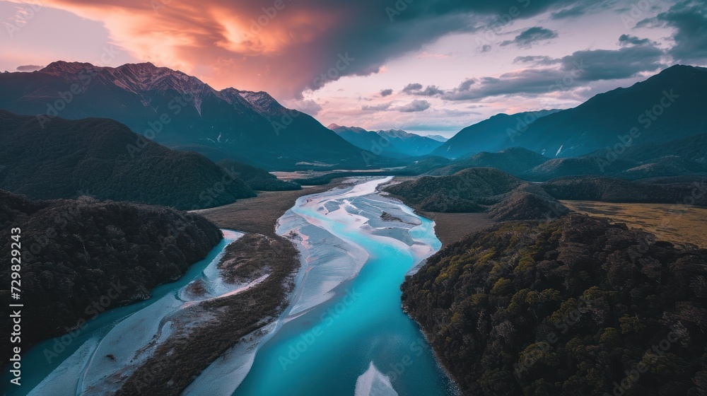 Poster an aerial view of a river running through a valley with mountains in the background under a cloudy s