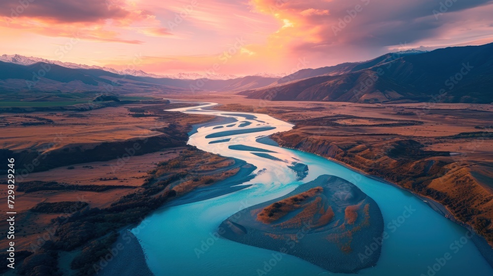 Poster an aerial view of a river in the middle of a valley with a mountain range in the background and a su