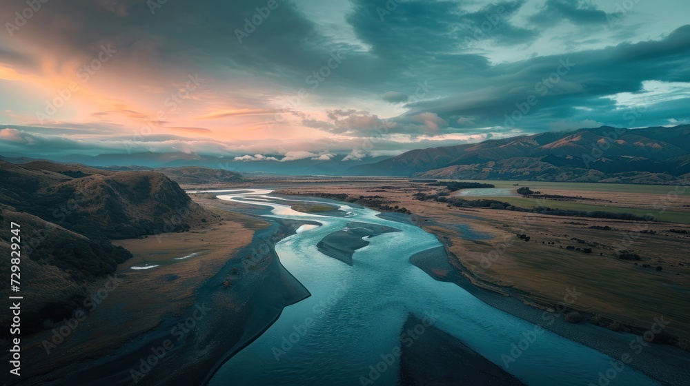 Poster an aerial view of a river in the middle of a valley with a mountain range in the background and a cl