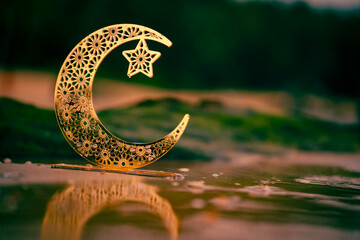 crescent moon on nature background, 2024 ramadan background, eid greetings, golden moon